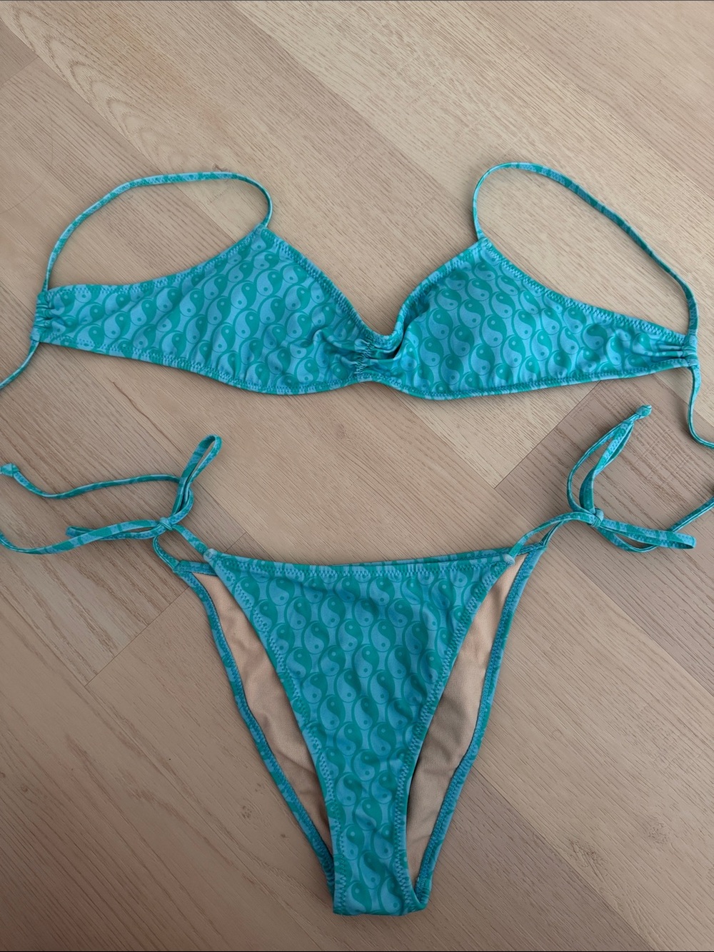 NWOT PacSun Blue Hour Turquoise Yin Yang Print String Bikini Size Small